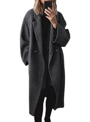 chouyatou Women's Winter Double Breasted Wool Coat Long Sleeve Notch Lapel Long Trench Coat - color: Dark Grey, size: Medium