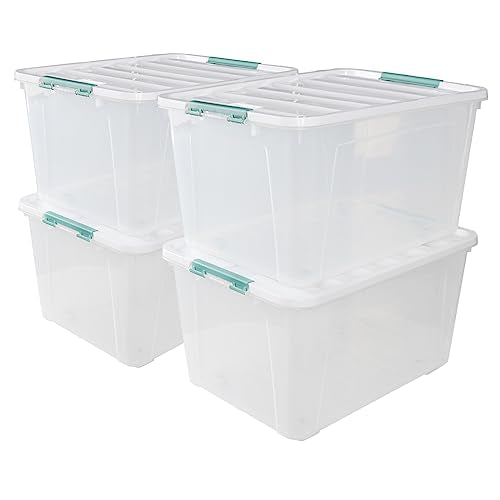 Gloreen Large Organizing Bin with Wheel 4 Packs, 85 QT Lidded Storage Box | Plastic Latching Container For Home Garage RVs - size: 85 Quart, 4 Packs