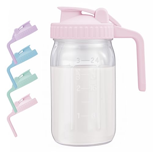AoeJarry Breast Milk Pitcher with Leak Proof Flip Cap & Pour Spout, 32 oz Wide Mouth Mason Jars for Breast Milk Storage Container, Glass Picther with Lid for Cold Brew Coffee, Sun Tea, Juices, Pink - color: Pink
