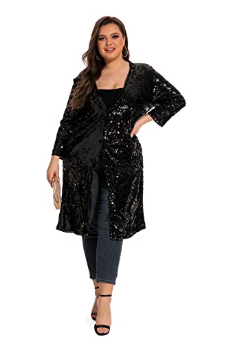 - 610 - Long Sleeves Full Sequins Open Front Duster Cardigan Cover-up Jacket Coat - color: Black, size: Large