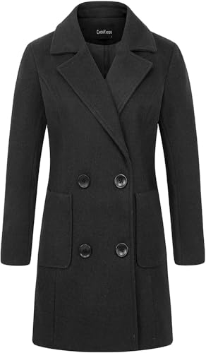 chouyatou Women Elegant Notched Collar Double Breasted Wool Blend Over Coat - color: Black, size: XX-Large