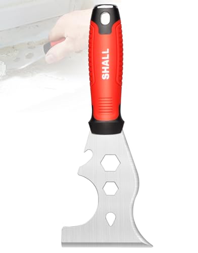 SHALL 8-In-1 Paint Scraper, Stainless Steel Paint Remover Scraper Tool, Putty Knife with Hammer End and Comfort Handle, Metal Spackle Scraper for Removing Drywall Paint, Caulk, Wood, Wallpaper