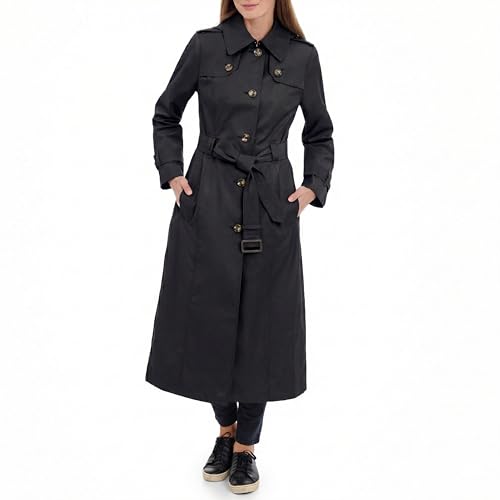 LONDON FOG womens Single Breasted Long Trench Coat With Epaulettes and Belt - color: Black, size: Small