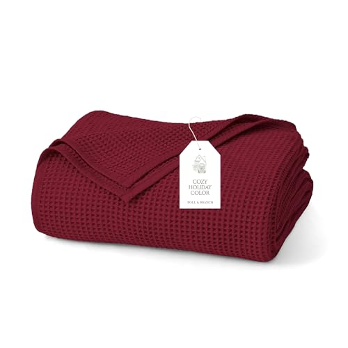 BOLL & BRANCH Waffle Bed Blanket, Full/Queen, Holly | Luxury 100% Organic Cotton - Soft, Lightweight and Breathable - Textured Waffle Weave Design - color: Holly, size: Full/Queen