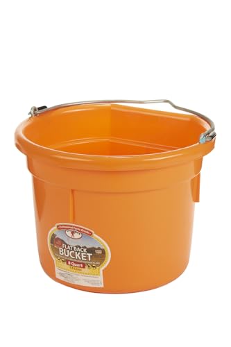 Little Giant® Flat Back Plastic Animal Feed Bucket | Animal Water and Feed Bucket with Metal Handle | 8 Quarts | Orange - color: Orange