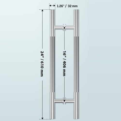 Ranbo 24" Knurled Door Pull Handle, 16"(406mm) CTC, Polished Chrome | Heavy Duty 1.5mm 304 Stainless Steel, Back to Back Pull Handles for Interior/Front /Barn/Commercial/Entrances, Enhanced Grip - size: 24 Inch