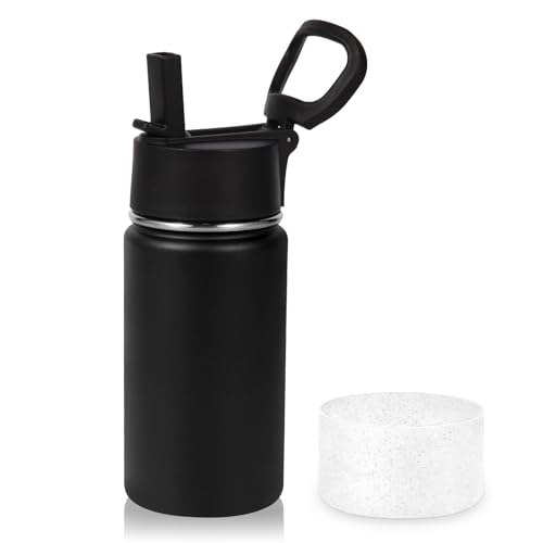 Volhoply 14oz KIds Insulated Stainless Stee Water Bottle with Straw Lid and Silicone Boot,BPA-Free Easy Use for Boys&Girls,Double Wall VacuumLeakproof Bottles(Black,1) - color: Black