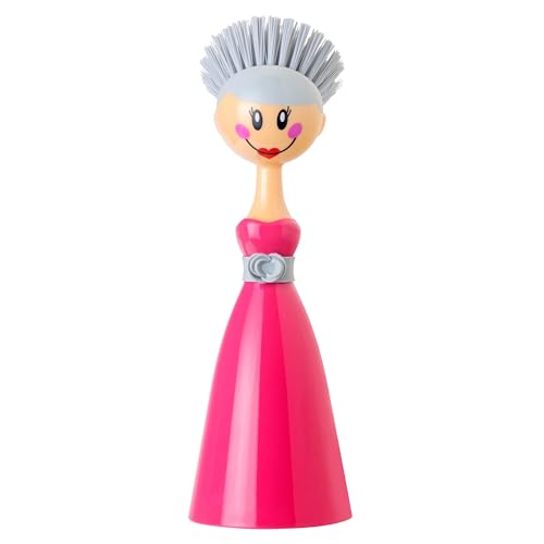 Vigar Dolls Dish Brush with Handle and Holder - Dish Scrubber Brush for Dishes and Pans, Kitchen Scrub Brush, Dishwashing Brush for Kitchen Sink Cleaning, Cute Standing Dish Brush Design - Pink, Gray - color: Pink, Gray