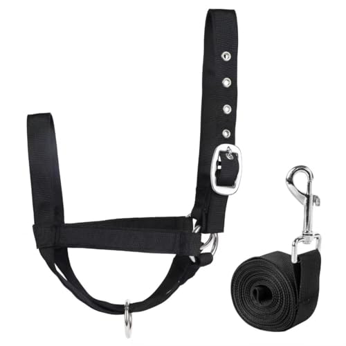 Cow Halter Cattle Halters Calf Halter with Leading Rope，Adjustable Nylon Livestock Cattle Halter，for Miniature Horse Donkey Goat Foal (Black, Large) - color: Black, size: Large