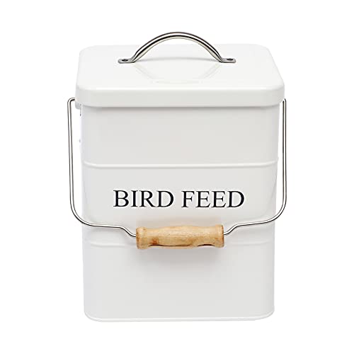 Morezi Bird Seed Storage Container Metal, 6 Lbs Airtight Bird Food Tin | Outdor Wild Bird Seed Container Canister w/ Scoop/Wooden Handle , Sturdy and Squirrel-proof, Keep Sunflower Seed Fresh - color: White