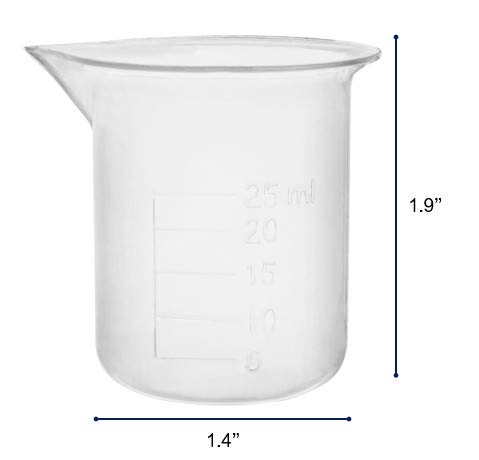 EISCO (Pack of 12) Plastic Beaker, 25ml - Polypropylene Plastic - Raised Graduations, Tapered Spout - Euro Design