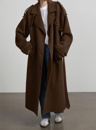 chouyatou Women's Winter Double Breasted Wool Coat Long Sleeve Notch Lapel Midi Long Winter Trench Coat with Belt - color: Brown, size: Large