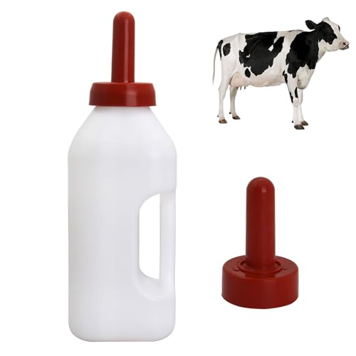 Calf Bottle with Hand Grip Handle and a Replacement Nipple, 2 Quart Calf Milk Feeder Nursing Feeding Bottle, Red, Natural Rubber Nipples - size: 32 Count (Pack of 2)
