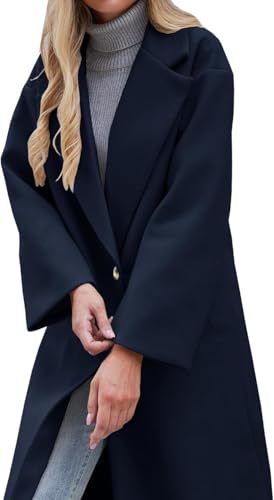 Women's Notch Lapel Single Breasted Pea Coat | Premium Wool Blend, Oversized Long Casual Overcoat with Pockets, Fall and Winter - color: Dark Blue, size: XX-Large