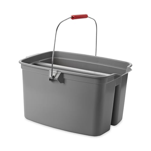 Rubbermaid Commercial Products Double Pail Plastic Bucket for Cleaning Easy to Carry 19 Quart Gray Cleaning Caddy Supplies Organizer with Handle for Bathroom/Kitchen