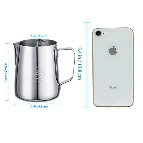 20oz Milk Frothing Pitcher, Stainless Steel Espresso Steamer Frother Cup | 600ml metal jug includes professional latte art decorating pen; top barista accessories for perfect coffee cappuccino making - color: Stainless Steel 20 Oz