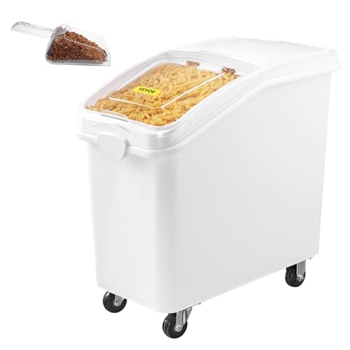 VEVOR 27 Gallon Food Storage Container, 500 Cup Commercial Ingredient Bin | Ideal for Kitchen Rice, Dog Food, Flour, and Sugar Storages, Food-Grade PP, with Wheels, Scoop and Transparent Lid, White - size: 27 Gallon