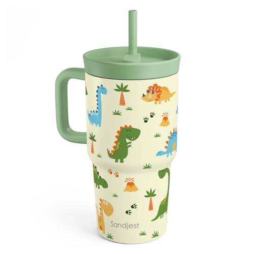 SANDJEST Dinosaur Stainless Steel Tumbler 20oz with Handle and Silicone Straw Locking Lid for Kids Boys, Birthday Christmas Back to School - color: Dinosaur