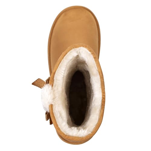 KRABOR Womens Suede Snow Boots Mid-Calf Winter Shoes with Side Bows | Cozy Lining,Fuzzy,Cute,Comfy,Warm,Non-Slip - color: Brown-1, size: 10
