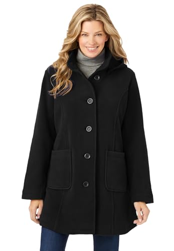 Woman Within Plus Size Hooded A-Line Fleece Coat - color: Black, size: 14