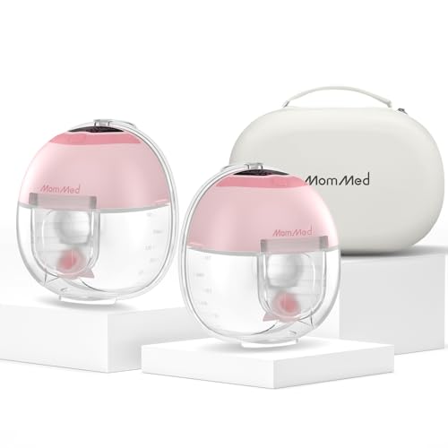 MomMed S33 Wearable Breast Pump with Case, Hands-Free Double Electric, 6oz | Ultra Quiet 45dB In-Bra Pump, Night Light, One-Tap Pause, Leakproof, BPA Free, 17/19/21mm Flange Inserts for Work Travel - color: Pink