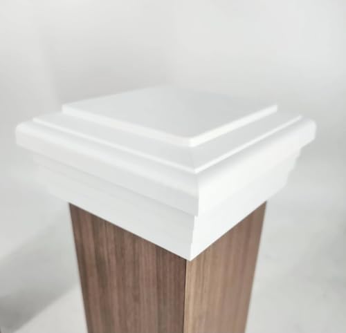 4x4 Post Cap White Flat Newel (fits Actual 4" x4" up to 4.6"x4.6" Post) for Rough Cedar or Vinyl Wrapped Post. Fences, Decks, & Mailboxes | UV stable polymer, American made, patented installation, corrosion resistant, weather proof, 10 year guarantee - co