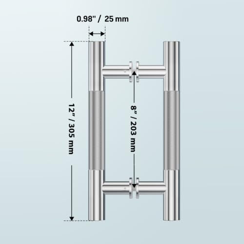 Ranbo 12" Knurled Door Pull Handle, 8"(203mm) CTC, Polished Chrome | Heavy Duty 1.5mm 304 Stainless Steel, Back to Back Pull Handles for Shower, Barn, Commercial Doors, Enhanced Grip - size: 12 Inch