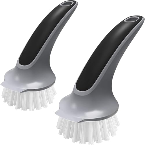 MR.SIGA Pot and Pan Cleaning Brush, Dish Brush for Kitchen, Gray, Pack of 2 | Dish brush with non slip handle and built in scraper - color: Black & Grey