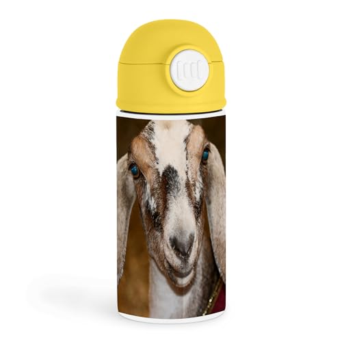 3dRose Sweet Goat Enthusiast 12oz Kids Yellow Bottle – Smiling goat illustration with white and dark markings – Outdoor Adventure, School Day - color: Yellow
