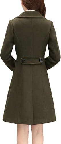 Women's Elegant Wool Blend Pea Coat Notched Lapel Double Breasted Winter Warm Mid Long Overcoat - color: Army Green, size: Medium