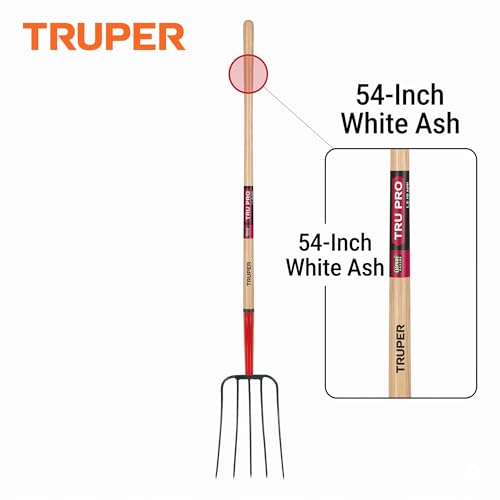 Truper Tru Pro 5-Tine Manure Fork, 54-Inch Premium White Ash Wood Handle, Forged Steel Head, Heavy-Duty Agricultural & Farm Tool (Model BPJ-5E / 30314)