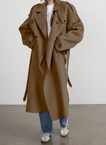chouyatou Women's Winter Double Breasted Wool Coat Long Sleeve Notch Lapel Midi Long Winter Trench Coat with Belt - color: Dark Camel, size: X-Small