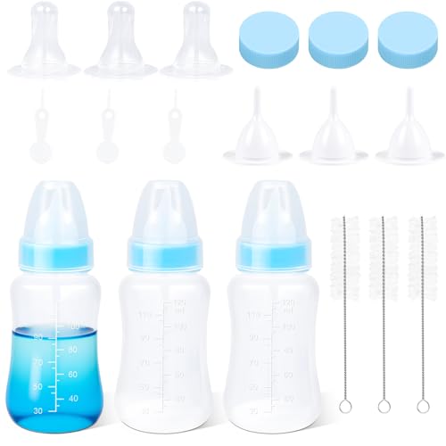 ASEVAT 4 oz 3PackPet Feeding Bottle, Anti-Choking Puppy Feeder Design,with 3pcs Replaceable and Reusable Silicone Nipples for Feeding Puppies, Kittens, Small Animals - color: Blue-3Pack
