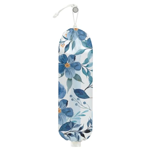 Watercolor Blue Flower Plastic Bag Holder, Wall Mount Grocery Bag Holder | Cottage Core Rustic Leaves Plastic Bag Holder, Reusable Grocery Bag Storage Dispenser, Farmhouse Kitchen Home Decor - color: flowers
