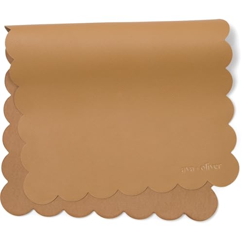 Vegan Leather Baby Changing Mat 16x30in, Wipeable, Foldable, Tan Scallop | Wipeable vegan leather changing mat folds compact for travel, portable multipurpose 16x30in - color: Tan Scallop