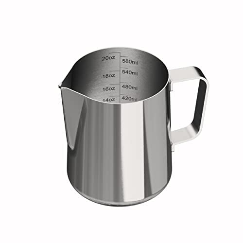 Milk Frothing Pitcher 20oz — Stainless Steel Latte Art Cup | 600ml capacity, internal measurement marks, and narrow pour spout for home espresso, cappuccino, and lattes.