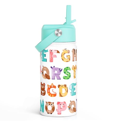 SANDJEST Alphabet Kids Water Bottle with Straw Lid 12oz Insulated Stainless Steel, Travel Tumbler, Animal Gifts for Boys Girls, Birthday, Christmas, Back to School - color: Animal 1