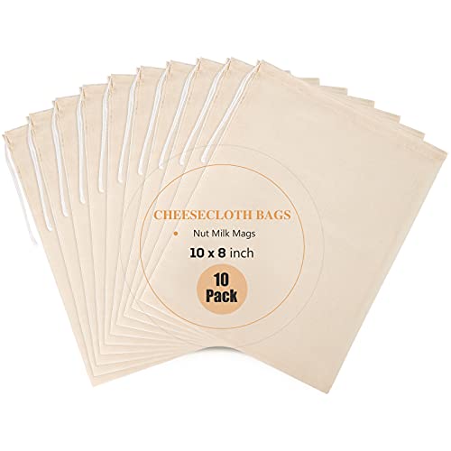10 Pack Nut Milk Bag, 8‘’ x 10‘’Fine Mesh Grade Reusable Cheesecloth Bags Strainers, Unbleached Organic Cotton Filter Bags for Almond Milk, Juices, ColdBrew, Cheese, Tea, Yogurt, Coffee - size: 8 x 10 inch