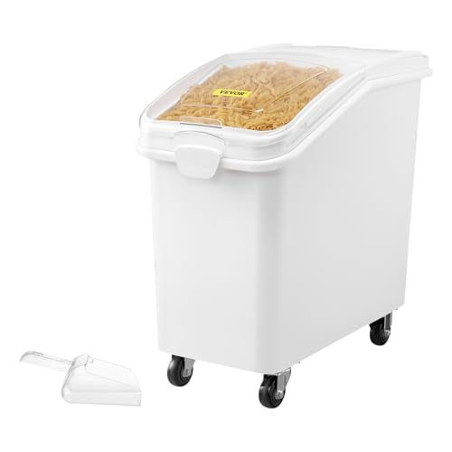 VEVOR 27 Gallon Food Storage Container, 500 Cup Commercial Ingredient Bin | Ideal for Kitchen Rice, Dog Food, Flour, and Sugar Storages, Food-Grade PP, with Wheels, Scoop and Transparent Lid, White - size: 27 Gallon