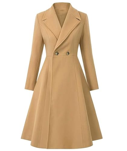 Women's Winter Double Breasted Trench Coat Notch Lapel Collar Wool Blend Pea Coat Swing A Line Long Overcoat - color: Camel, size: XX-Large