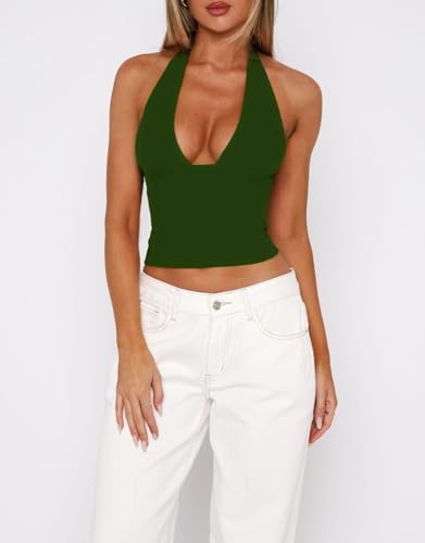 ForeFair Women Sexy Halter Deep V Neck Backless Crop Tank Top Open Back Sleeveless Slim Fit Y2k Summer Tops - color: Dark Green, size: X-Small