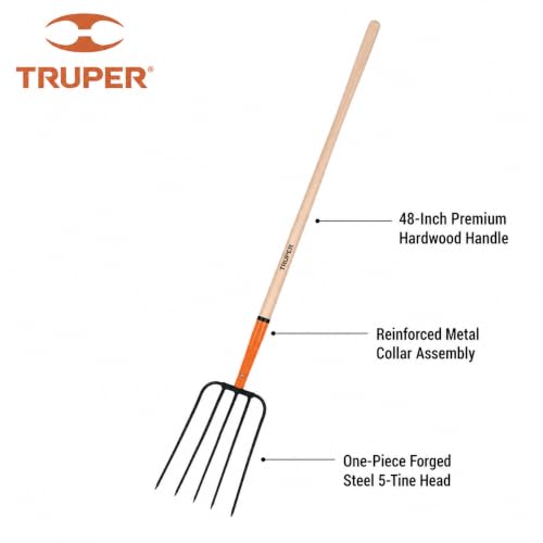 Truper 5-Tine Forged Steel Pitchfork (Model 11006 / BPJ-5) | 48-Inch Premium Wood Handle, Heavy-Duty Straw and Manure Fork for Ranch, Farm, Stables, and Hay Management