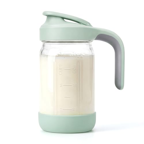 32 oz (1 Qt) Glass Mason Jar Pitcher with Pour Spout Lid & Handle | Airtight Leak-Resistant Flip-Top, Wide Mouth for Ice & Fruit, Non-Slip Silicone Base, Measuring Marks, Fridge Water/Iced Tea - color: Green, size: 32 Ounces