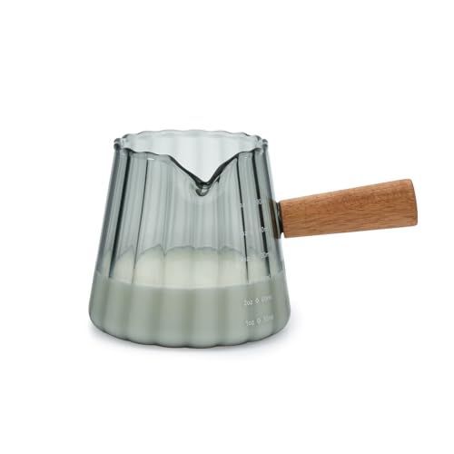 Glass Measuring Cup, 6oz Creamer Pitcher with Wood Handle | Creative Milk Frothing Pitcher Creamer Shot Glass (Gray） - color: Gray