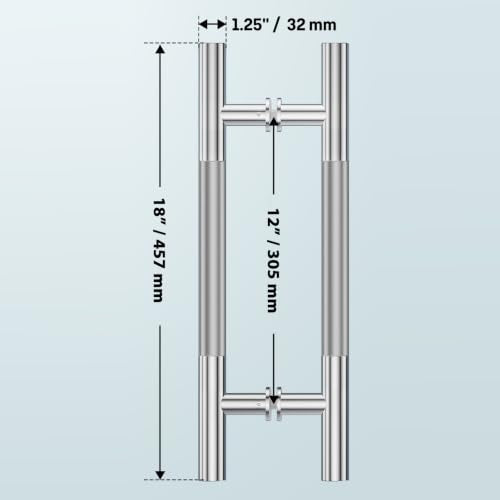 Ranbo 18" Knurled Door Pull Handle, 12" (305mm) CTC, Polished Chrome | Heavy Duty 1.5mm 304 Stainless Steel, Back to Back Pull Handles for Interior, Shower, Barn, Commercial Doors, Enhanced Grip - size: 18 Inch