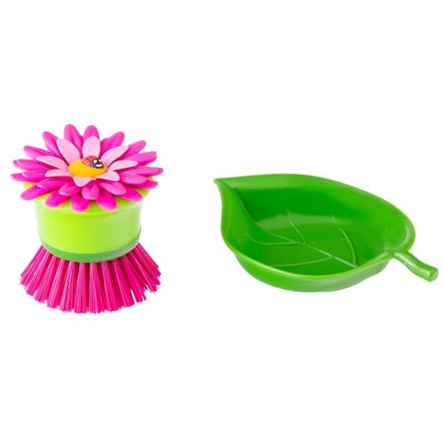 Vigar Flower Power Palm Dish Scrub Brush with Holder - Pink, Green | Kitchen Brushes for Dishes, Sink Brush, Cleaning Brushes for Household Use - color: Pink, Green
