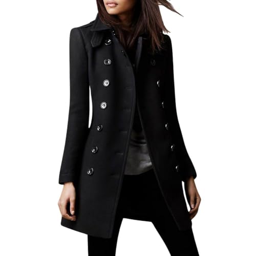 chouyatou Women's Winter Double Breasted Wool Coat Elegant Collared Wool Blend Trench Pea Coat - color: Black, size: Small
