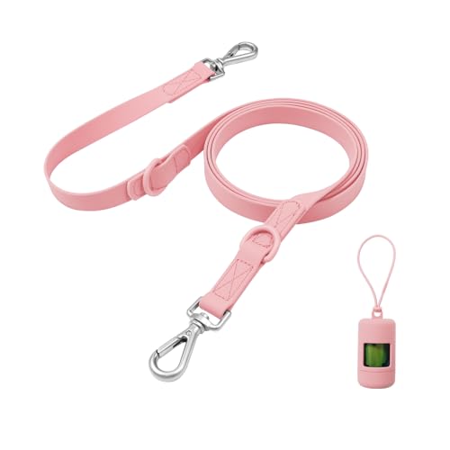 Waterproof Dog Leash with Poop Bag Holder, 5FT/6FT Adjustable Length with 2 Swivel Hooks, Odor-Free & Easy-Clean Dog Lead for Large Medium Small Dogs - color: Pink, size: 5FT - 3/5inch Width