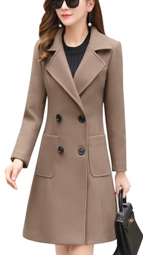 chouyatou Women Elegant Notched Collar Double Breasted Wool Blend Over Coat - color: Khaki, size: Large