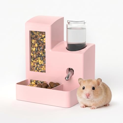 Hamster Water Bottle Feeder, No Drip 2-in-1 Dispenser | 5.51 x 4.33 x 6.49 Inch compact design with hamster water dispenser, hamster food bowl and cage accessories for small pets. - color: Pink